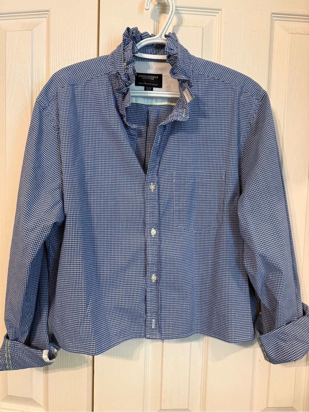 American Eagle Outfitters Blue Gingham Ruffle-Neck Button-Front Shirt